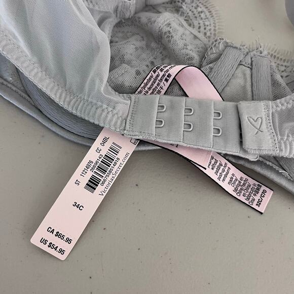 Victorias Secret Push Up Bra Womens 32C Dream‎ Angels Gray Lace Silver Sequins - Picture 3 of 5